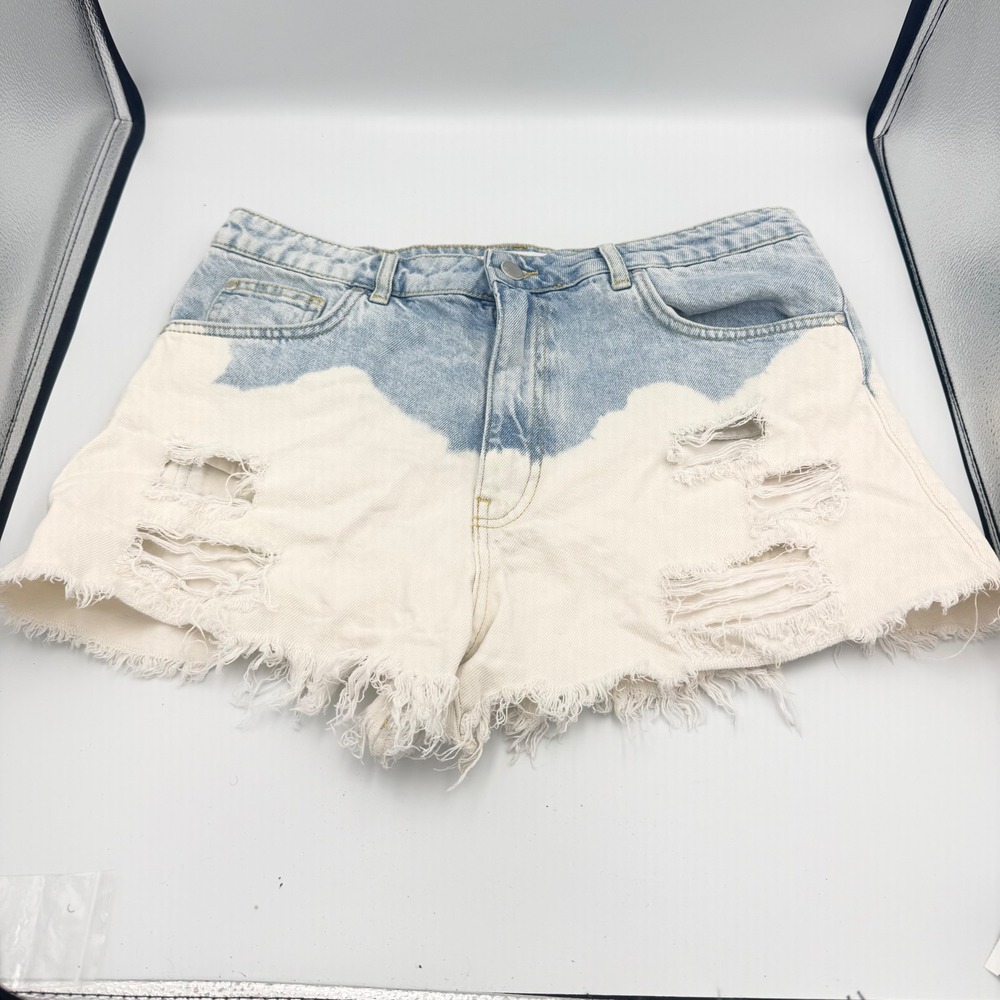 Zara Womens Two Tone Distressed Denim Shorts Blue White Size 12 High Rise Frayed